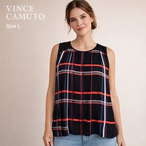 Vince Camuto Women's Pleated Sleeveless Top Black Plaid Polyester Size L